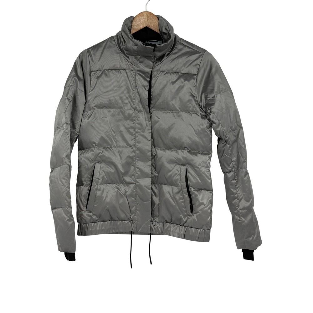 Athleta Quilted Down Puffer Jacket Silver Gray Stand Collar Full Zip Women's XS